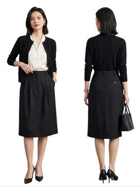 Max Mara Black Virgin Wool Pleated Midi Skirt Pockets Italian USA 12